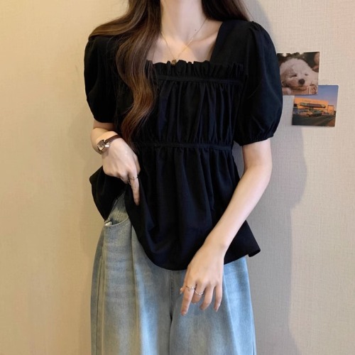 Cotton and linen fabric original method for obese women to show slimming and hide the flesh design pleated and wrinkled chic T-shirt