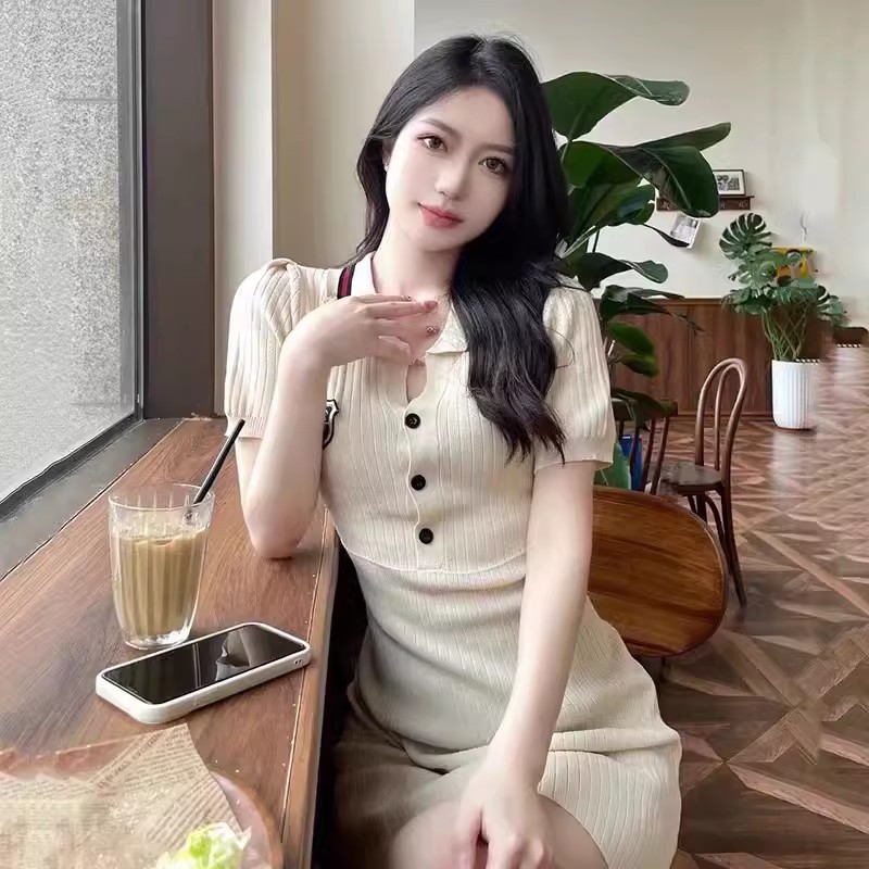 College style retro POLO collar dress for women summer ladylike style slim waist knitted mid-length over-the-knee skirt niche