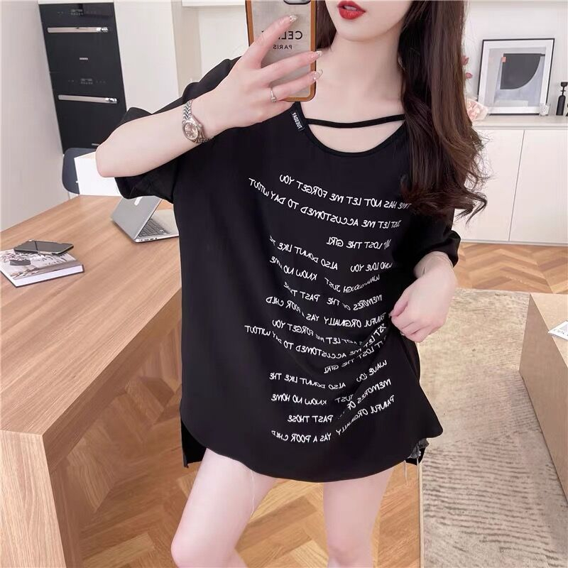 Quality/Pure cotton/Mid-length hem slit heavy industry loose irregular top T-shirt