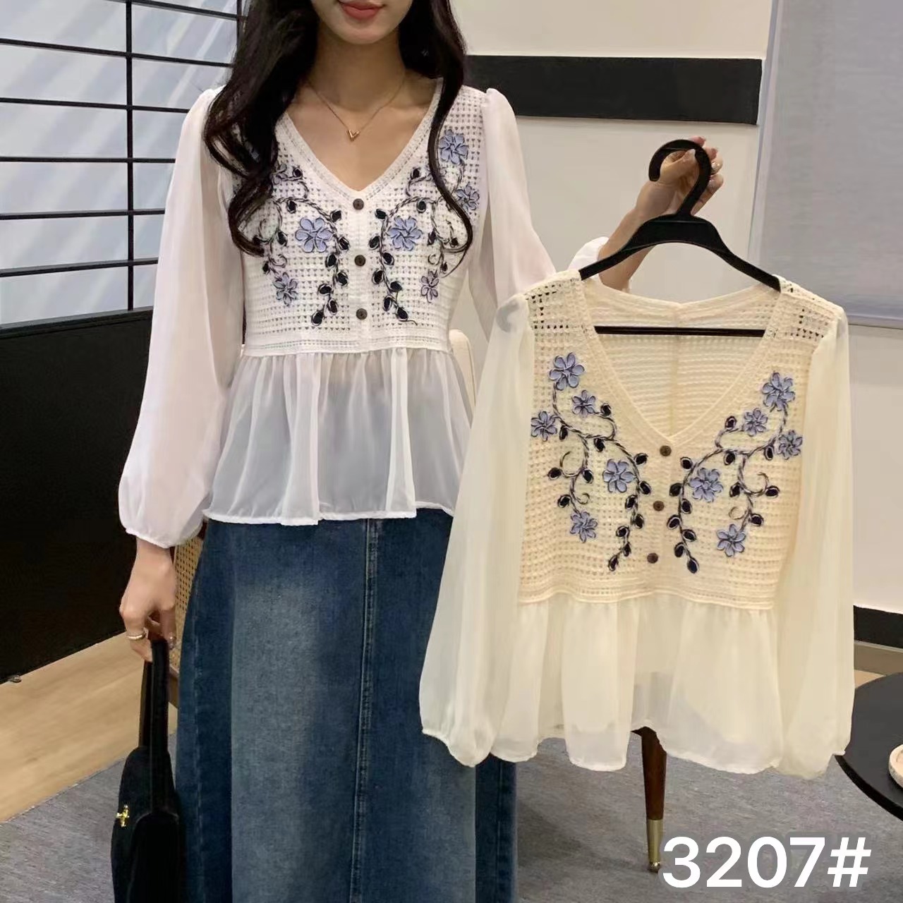 2024年韓版百搭洋氣鈎花刺繡開衫雪紡胖MM燈籠袖上衣女