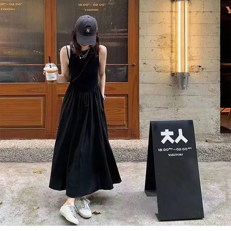無袖背心拼接連衣裙夏季女裝中長款修身顯瘦氣質溫柔甜美中長裙子