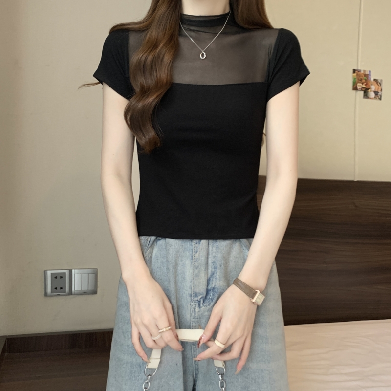 實拍  40支純棉 2024夏裝辣妹風短袖T恤女修身網紗拼接