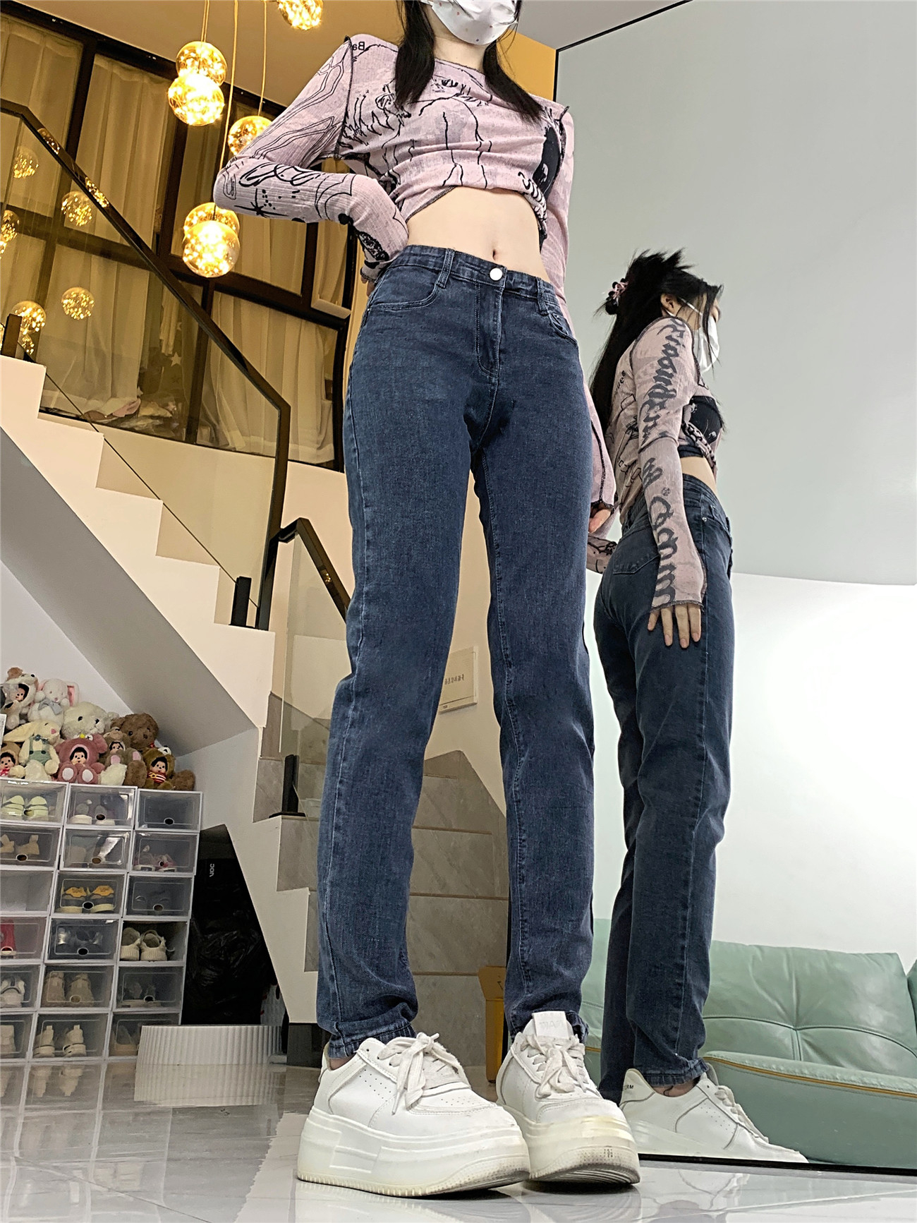 實拍彈力老爹牛仔褲女春秋新款高腰寬鬆顯瘦蘿蔔直筒哈倫褲子