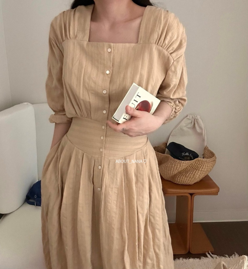 INS韓國東大門！春季小清新氣質方領首要系帶條紋高級感仙女長裙