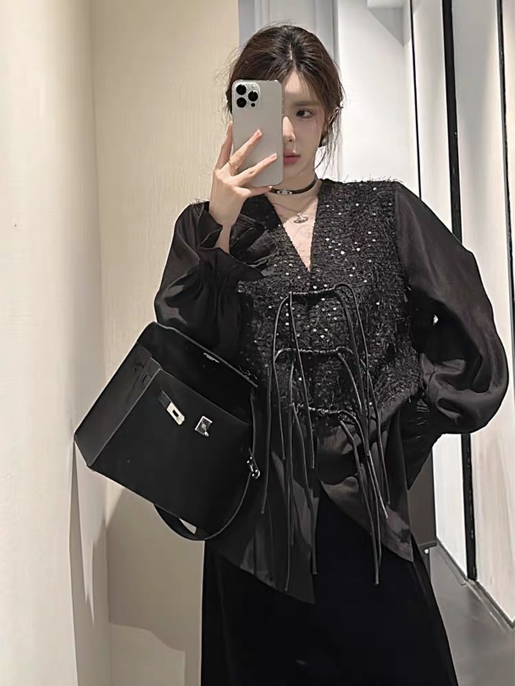 New Chinese style national style V-neck sequined shirt for women spring and autumn new style high-end loose versatile buckle fake two-piece top