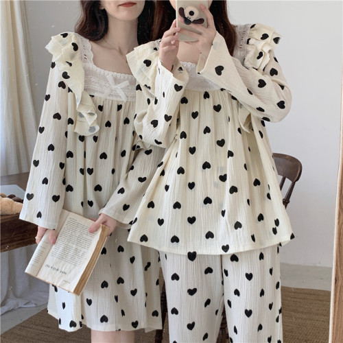 Real shot of Korean version of sweet soft cotton double gauze cute loose lace ruffle outer wear home clothes suit nightgown