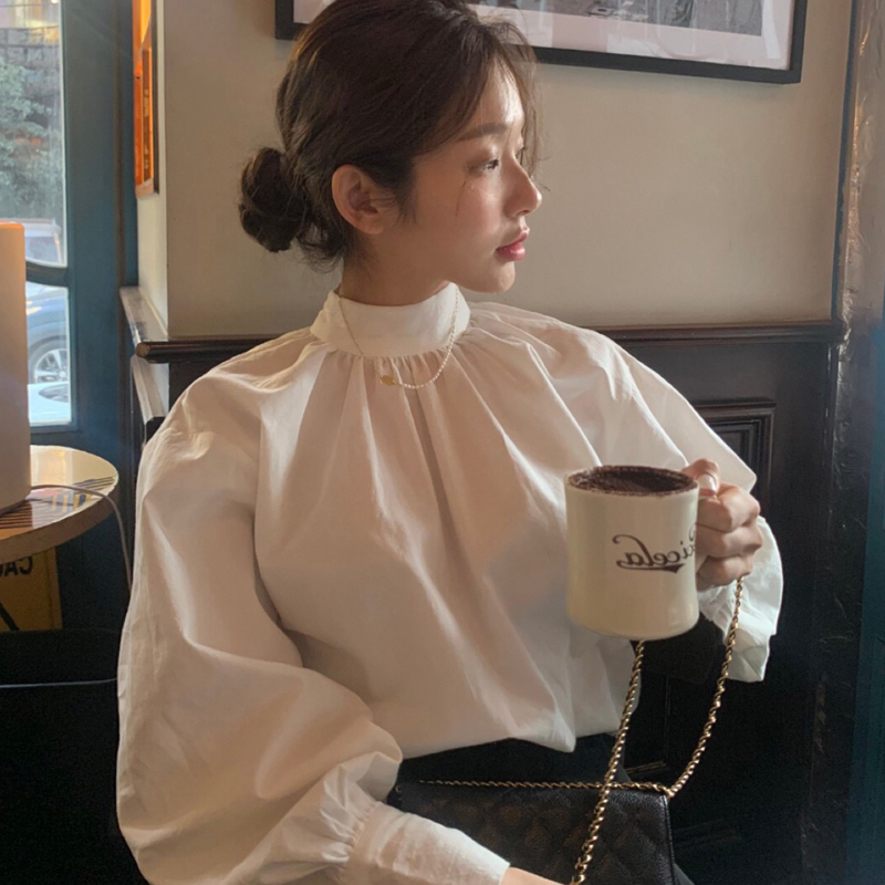 設計感小眾白色立領長袖襯衫女氣質名媛風復古法式甜美泡泡袖上衣