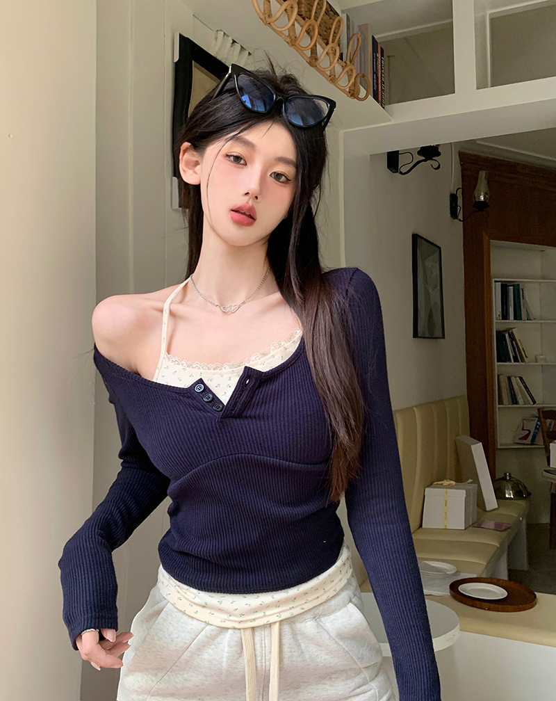 Real shot American big U-neck fake two-piece long-sleeved hottie patchwork floral slim fit T-shirt for women