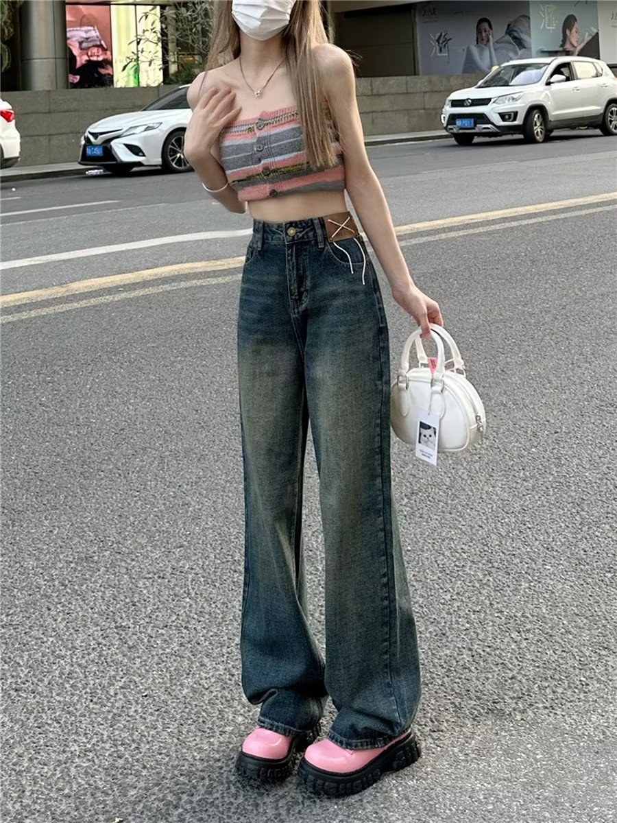 夏季新款設計感做舊高腰直筒牛仔褲女復古港風寬鬆百搭闊腿拖地褲
