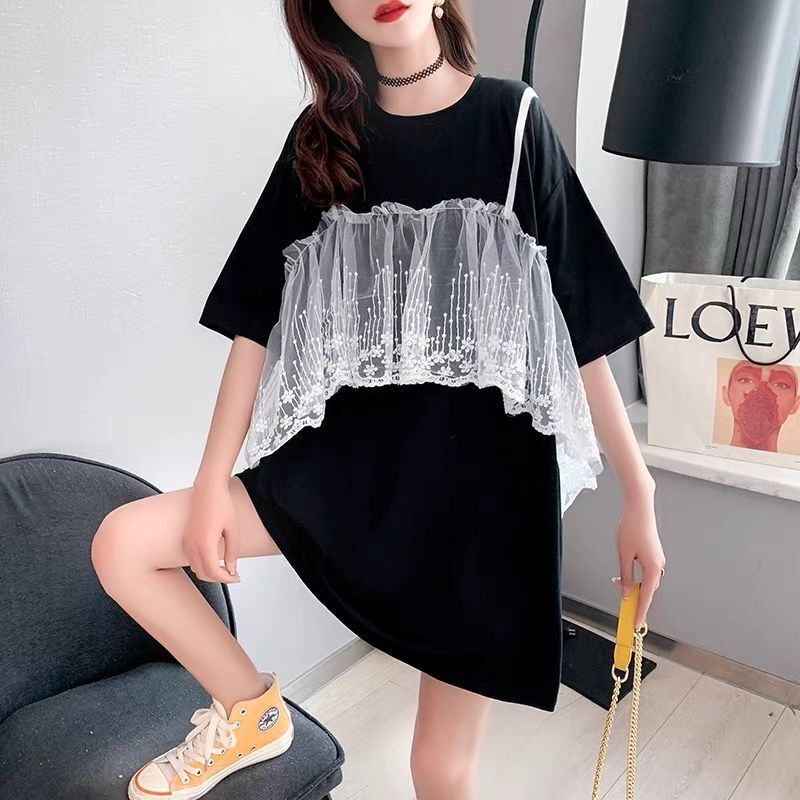 Quality/Pure cotton/Back collar/Mid-length lace splicing design heavy industry T-shirt