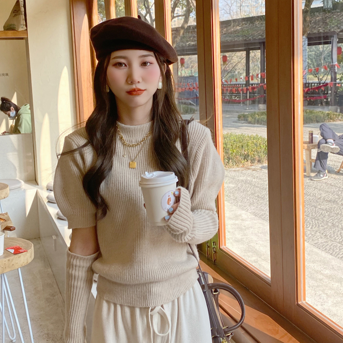 2024春季新款法式甜美設計感小眾泡泡袖毛衣女帶袖套氣質短上衣潮