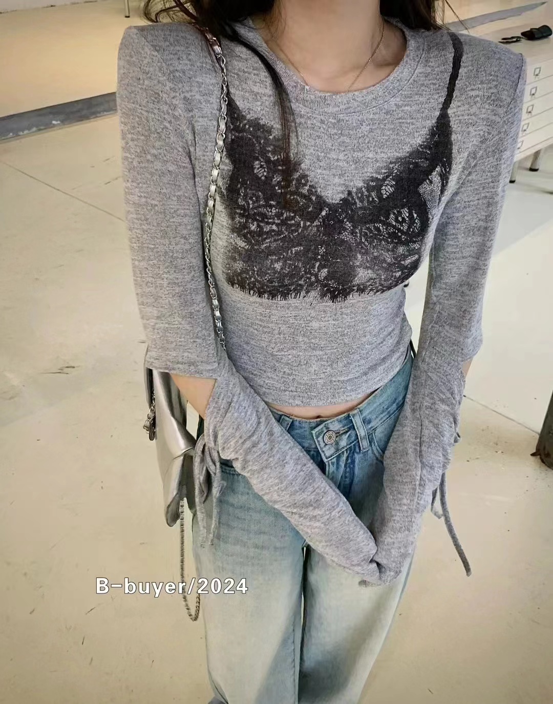 Korea Dongdaemun 2024 new round neck T-shirt long-sleeved slim shoulder pad lady printed sexy design top