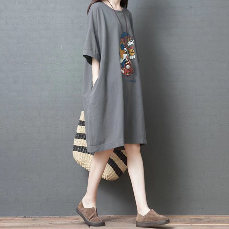 2024 Summer New Plus Size Women's Korean Style Loose Fashionable Cartoon Printed Mid-Length Fat MM Dress