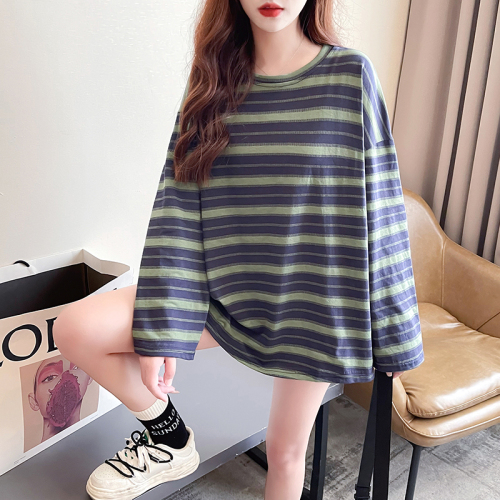 Real shot 2024 spring Korean style loose cotton round neck striped large size bottoming shirt long sleeve T-shirt for women