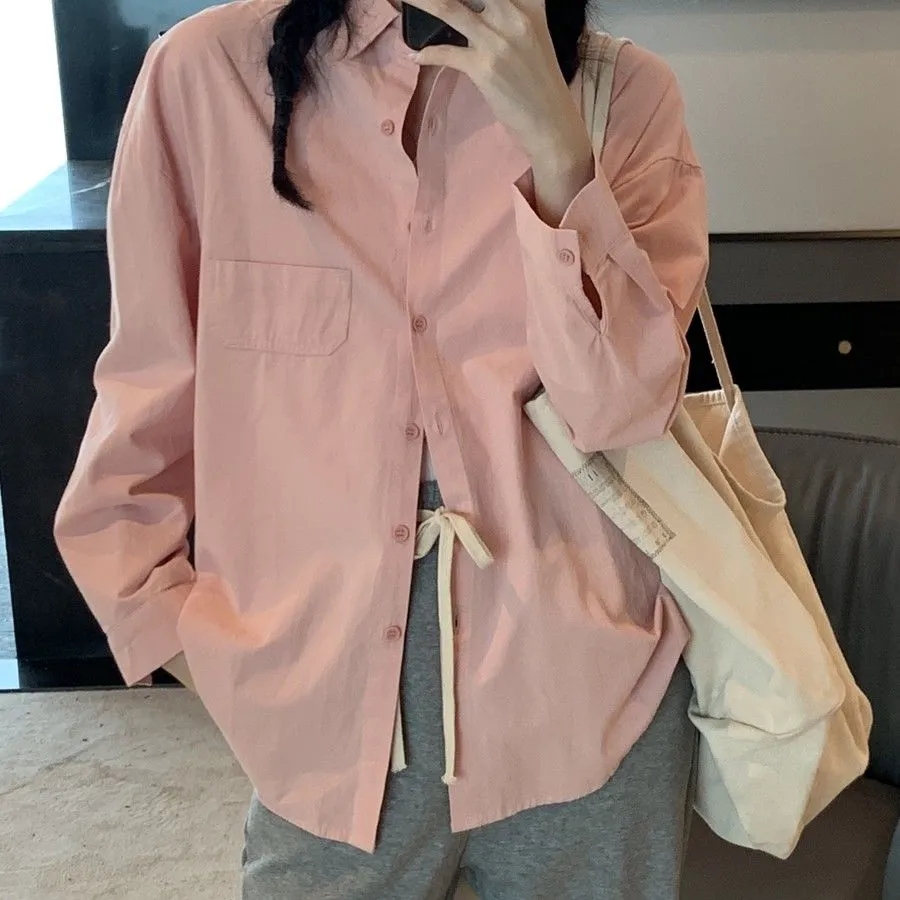新款蜜桃粉色襯衫女外穿百搭秋季長袖上衣少女感氣質襯衣潮