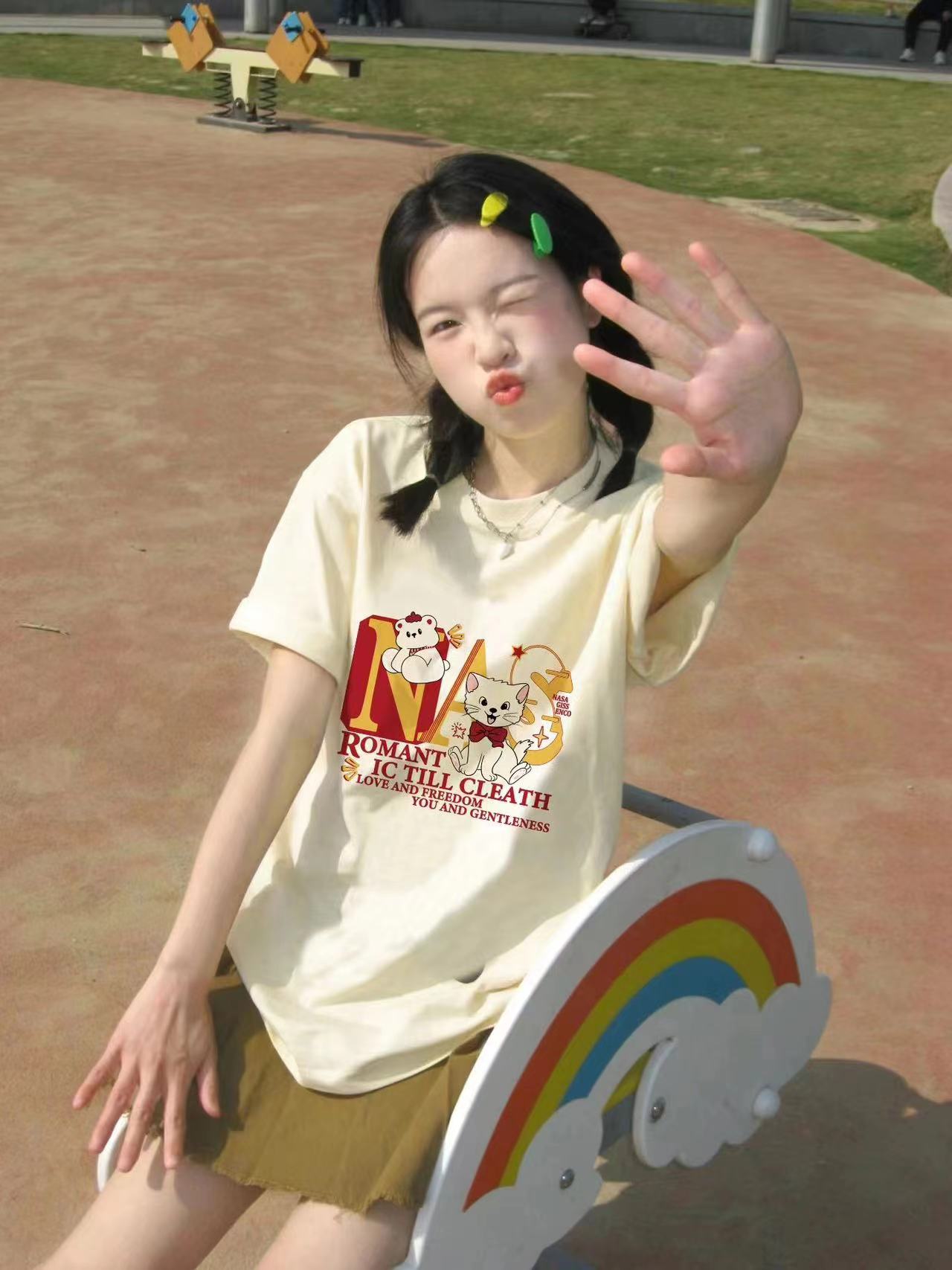 高質量純棉220克精梳緊密手感好直播品質前印花短袖t恤女