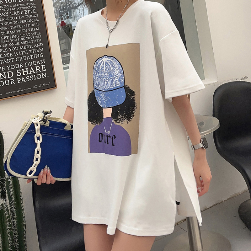 夏季大碼女裝下衣失蹤中長款開叉t恤裙女胖mm寬鬆休閒薄款短袖潮T
