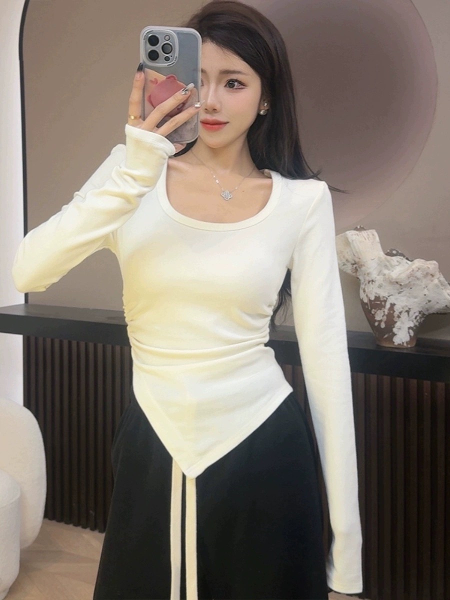Inner base layer sexy U-neck long-sleeved T-shirt for women 2024 early spring new style irregular hem top waist slimming