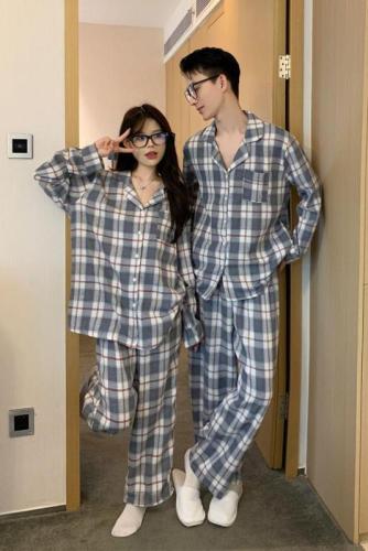 Real shot of Korean style spring and autumn casual simple couple gray and white checkered men and women same style home clothes set