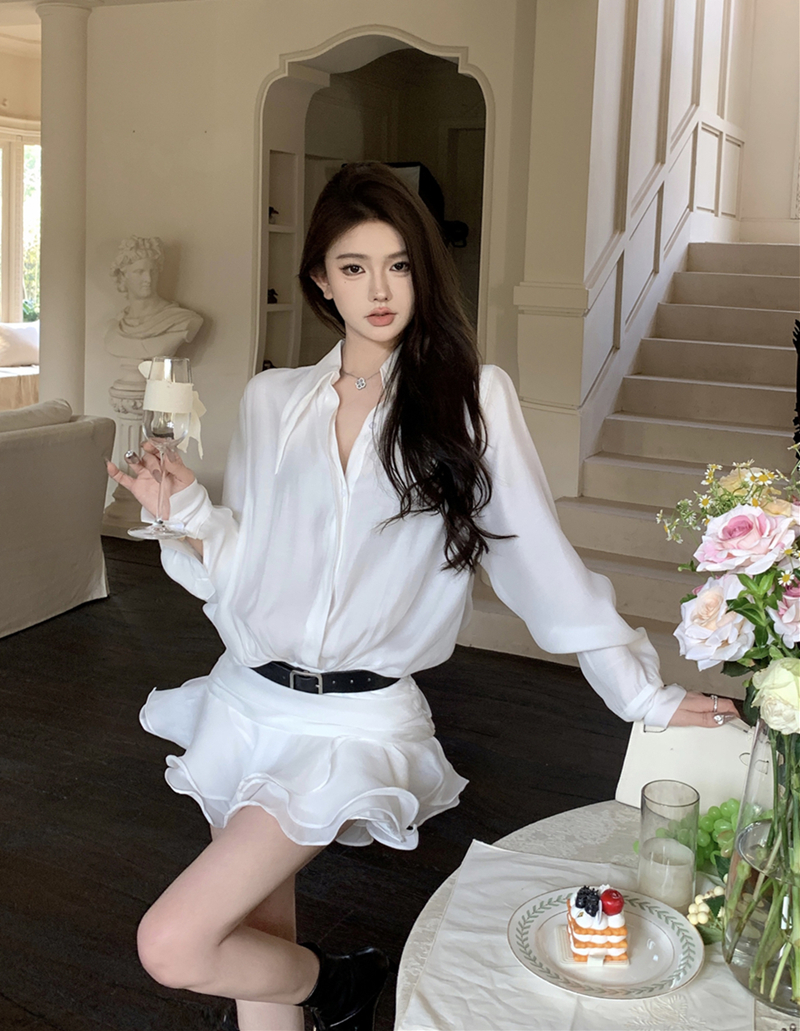 實拍性感浪漫V領修身顯瘦荷葉邊慵懶襯衫連衣裙女