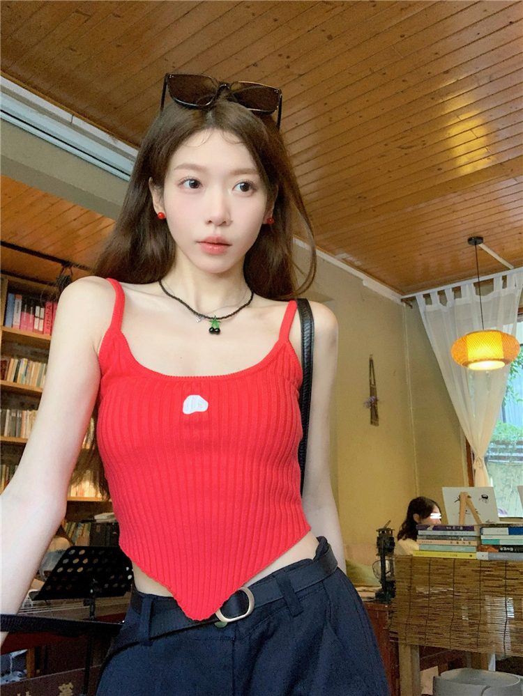 實拍~紅色吊帶背心女春夏修身針織短款上衣