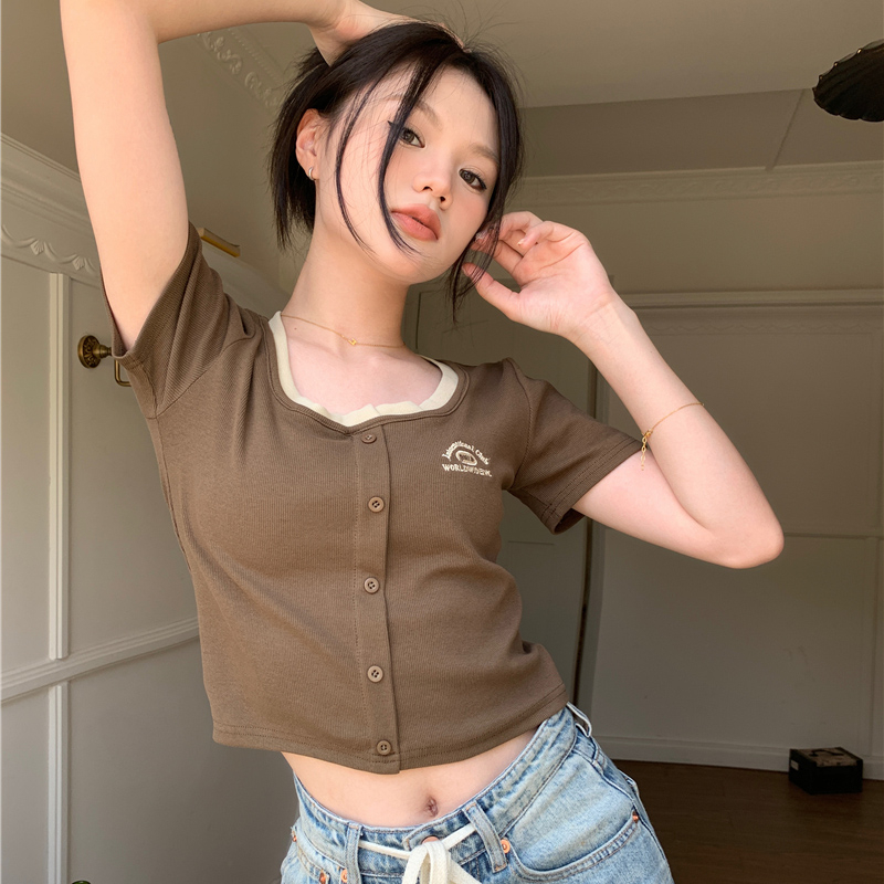 Minimalist summer American retro high-waist embroidery design hot girl square neck versatile short T-shirt top