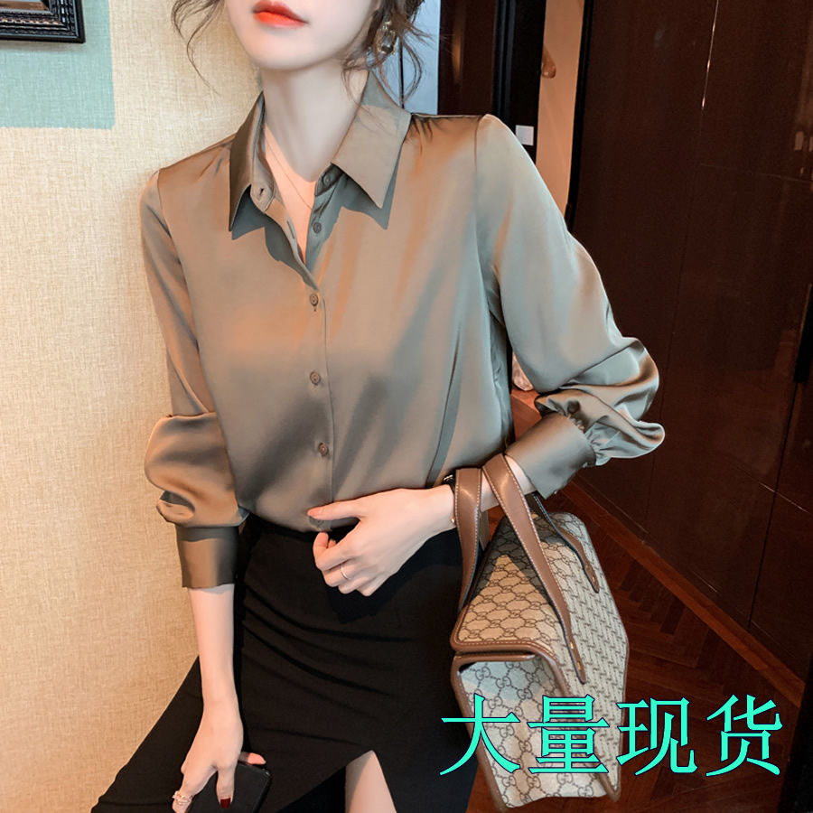 春裝新款長袖上衣緞面襯衫女設計感小眾雪紡衫職業襯衣秋款
