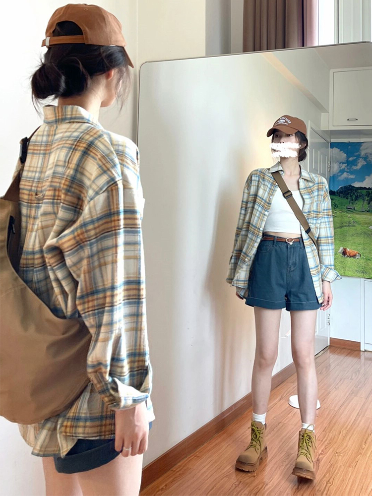 美式復古格子襯衫外套女夏季薄款2024新款春秋設計感小眾