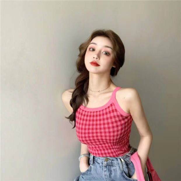 短款黑色格子針織衫外穿小吊帶網紅背心女春夏修身內搭打底上衣潮