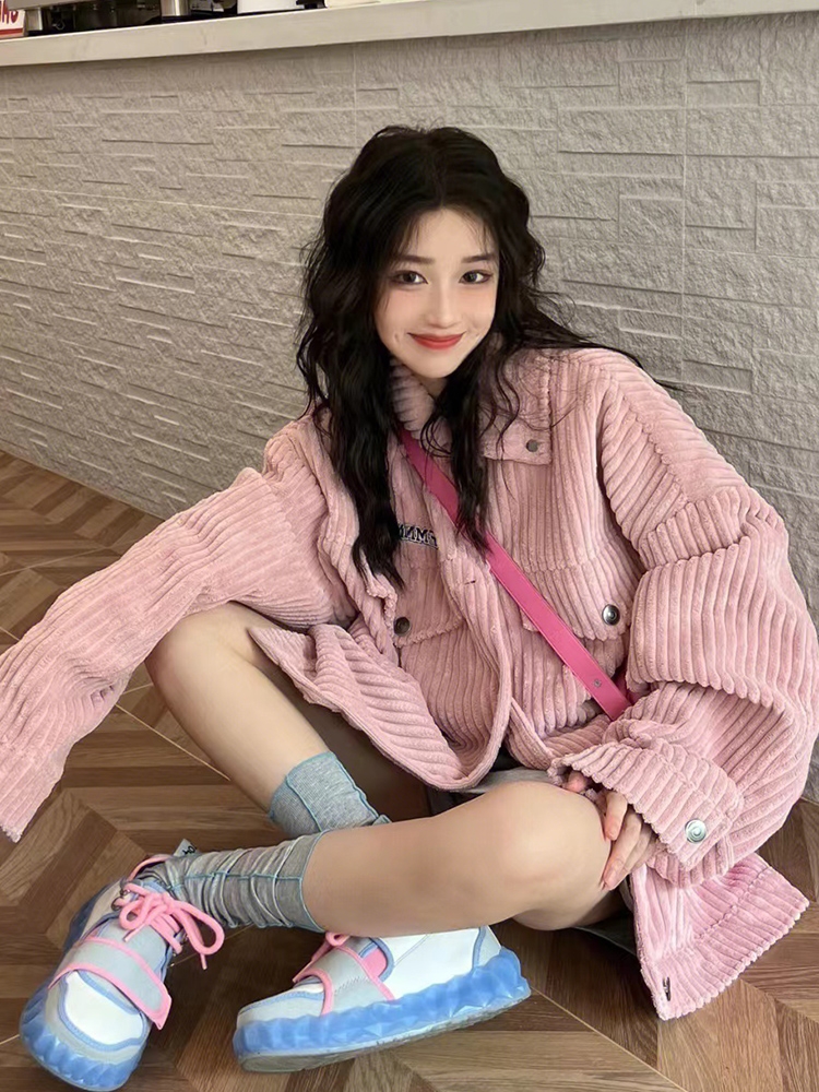 Vintage pink corduroy jacket women's 2024 spring and autumn new loose versatile casual jacket top ins trend