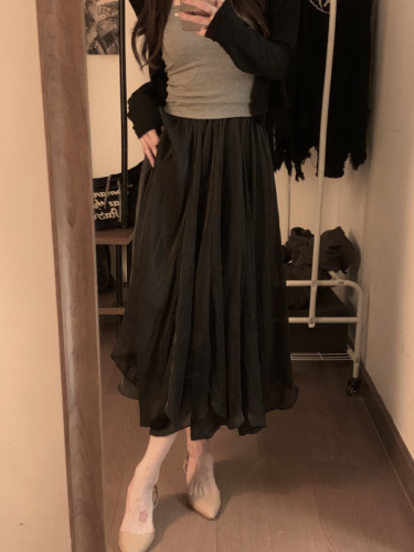 Actual shot ~ Irregular gauze skirt with pearlescent feel, women’s high-waist slimming skirt, mid-length skirt