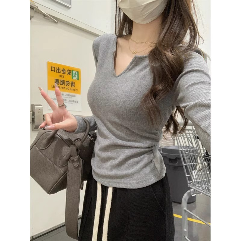 High elastic ribbed German velvet with chest pad, waist slimming long-sleeved T-shirt for autumn and winter outer wear