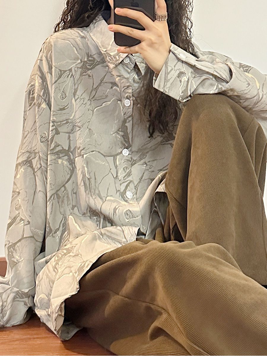 美式復古印花長袖襯衫女小眾設計感休閒中長款襯衣慵懶風襯衣