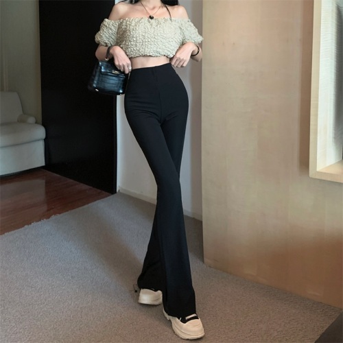 Real shot!  !  Micro-flared slit casual pants for women, new high-waist slim black straight pants