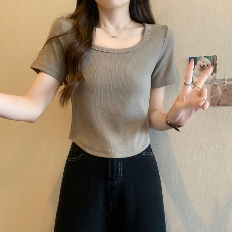 Real shot 40 count pure cotton 2024 summer wear curved hem method short slim fit T-shirt for hot girls