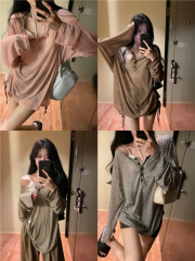 Actual shot ~ Large size pure lust style T-shirt for women in spring and summer thin sunscreen V-neck long-sleeved blouse loose slimming top