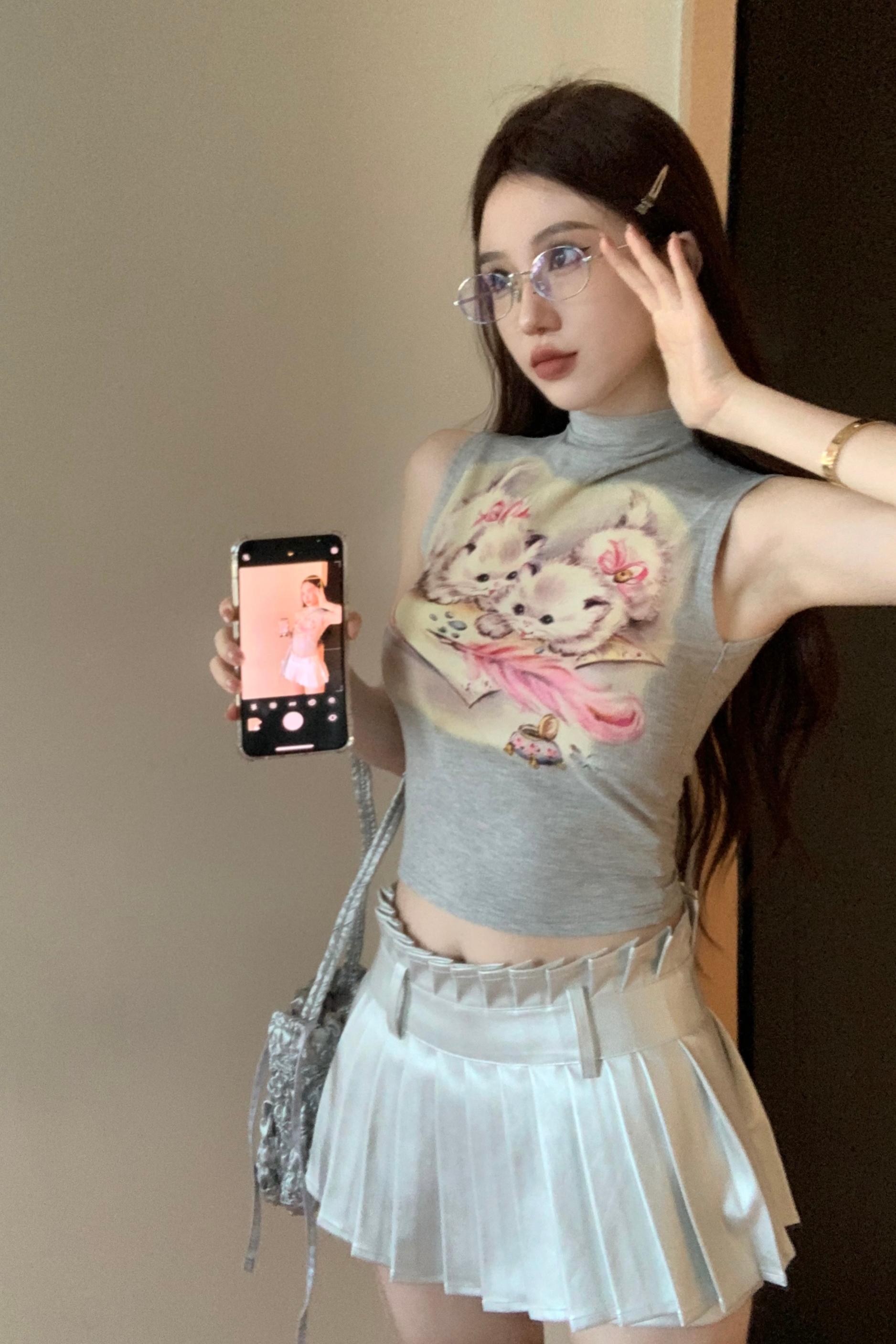 修身半高領貓咪印花上衣女夏季設計感甜辣妹百搭無袖緊身背心T恤