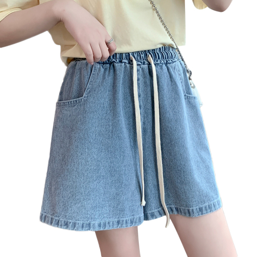 Real shot of denim shorts for women in summer, large size and thin, suitable for thick hips and thighs, loose A-line curled wide-leg hot pants, trendy