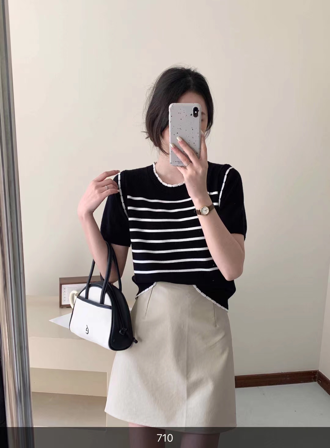 夏季新款薄款條紋短袖衫女休閒顯瘦冰絲條紋打底衫內搭針織衫