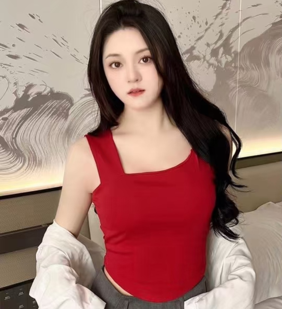 實拍 新款純棉小吊帶背心女斜肩不規則帶胸墊打底上衣外穿