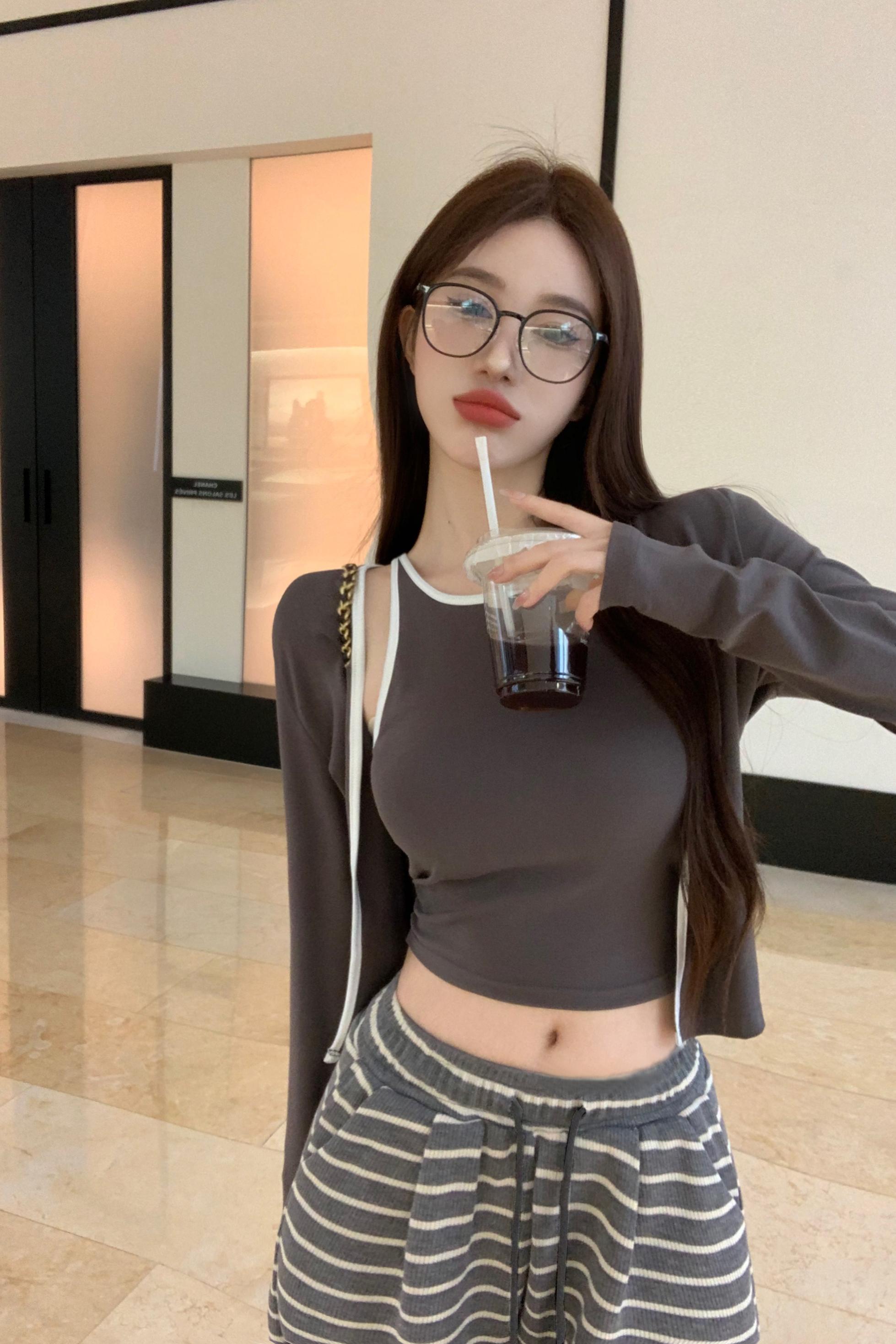 韓版吊帶背心灰色開衫上衣女長褲三件套甜美夏季圓領超修身純色