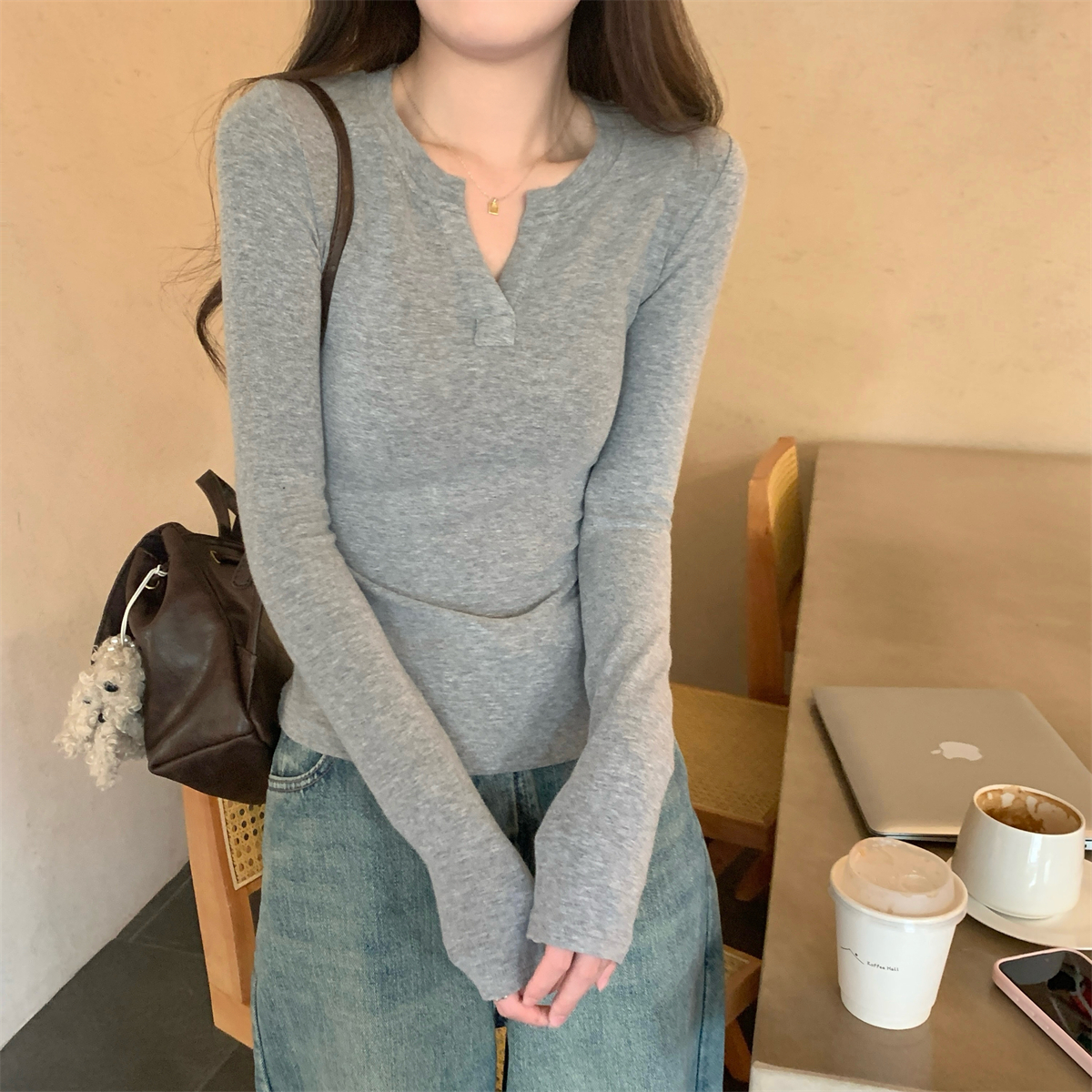 Actual shot 2024 spring Korean style half-open collar slim solid color long-sleeved pure cotton versatile bottoming T-shirt top for women