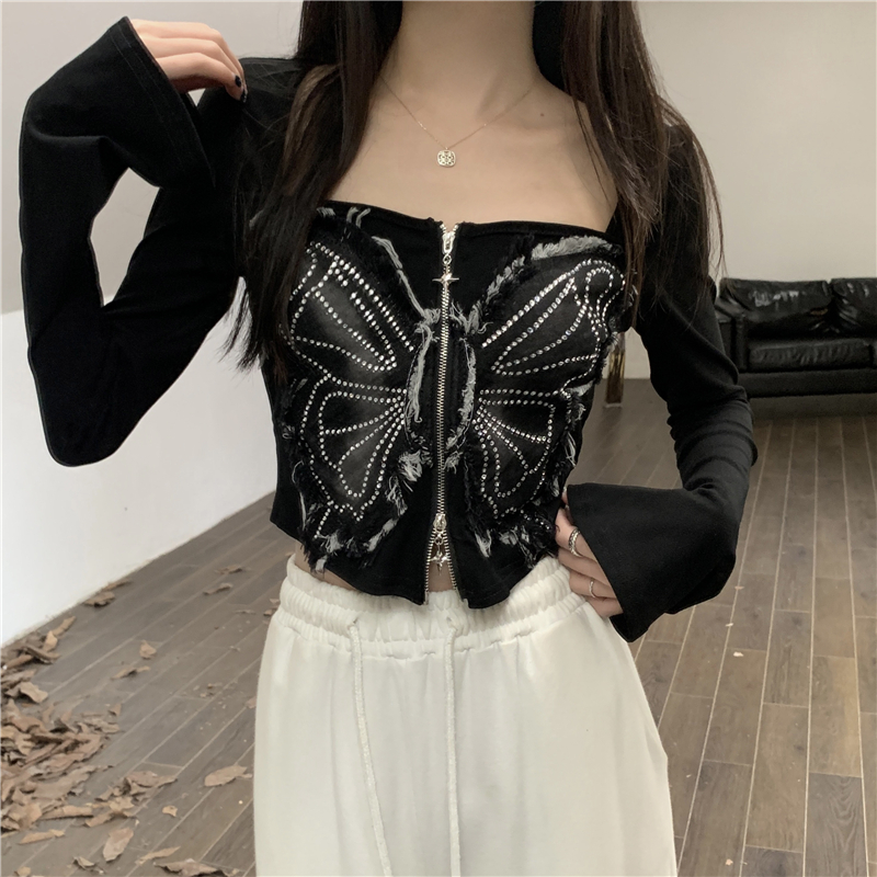 Actual shot Spring new butterfly embroidered zipper short long-sleeved cardigan T-shirt women's top