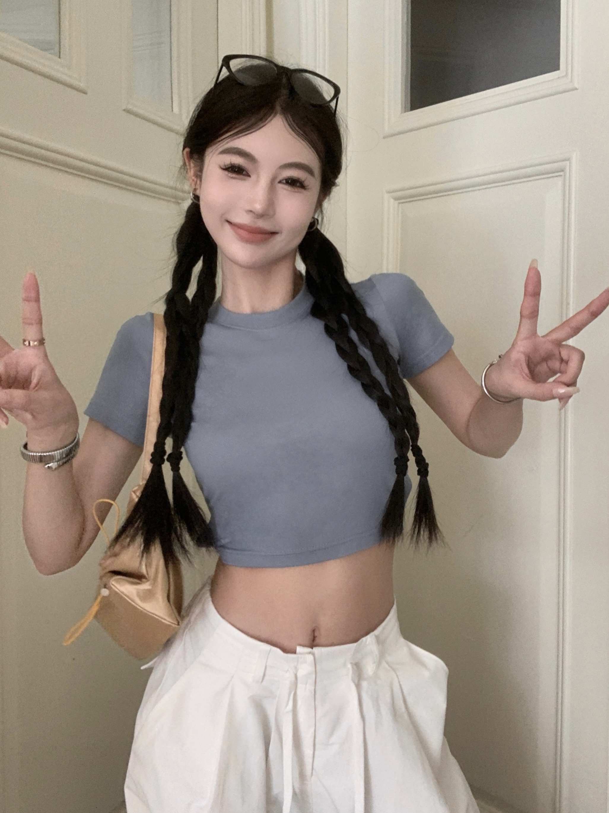 實拍 甜酷辣妹露背設計圓領t恤短袖t恤上衣