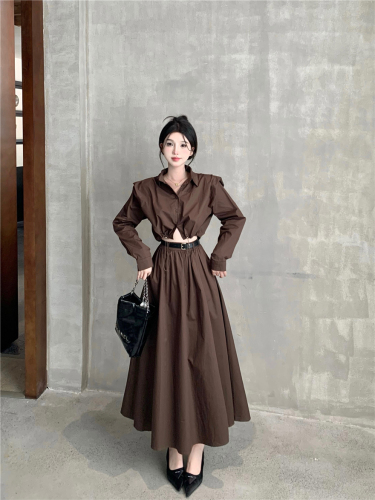 Real shot of autumn casual and versatile design shirt + workwear high-waisted skirt two-piece suit