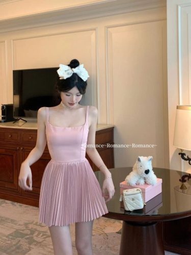 Actual shot ~ Summer ballet style suspender skirt for women, waist slimming, backless pleated A-line skirt