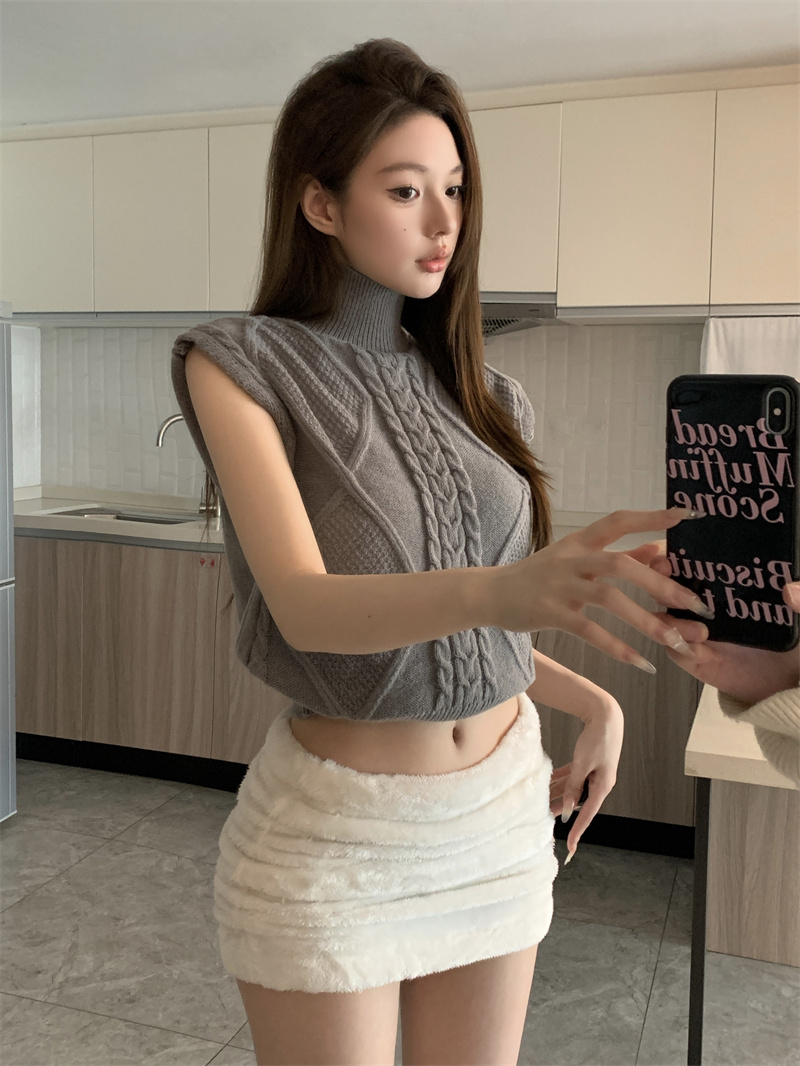 實拍  百搭雙面穿灰色高領背心女新款內搭坎肩針織無袖上衣