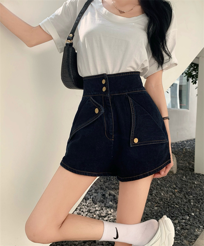 實拍  不規則口袋設計A字高腰顯瘦工裝牛仔闊腿短褲女