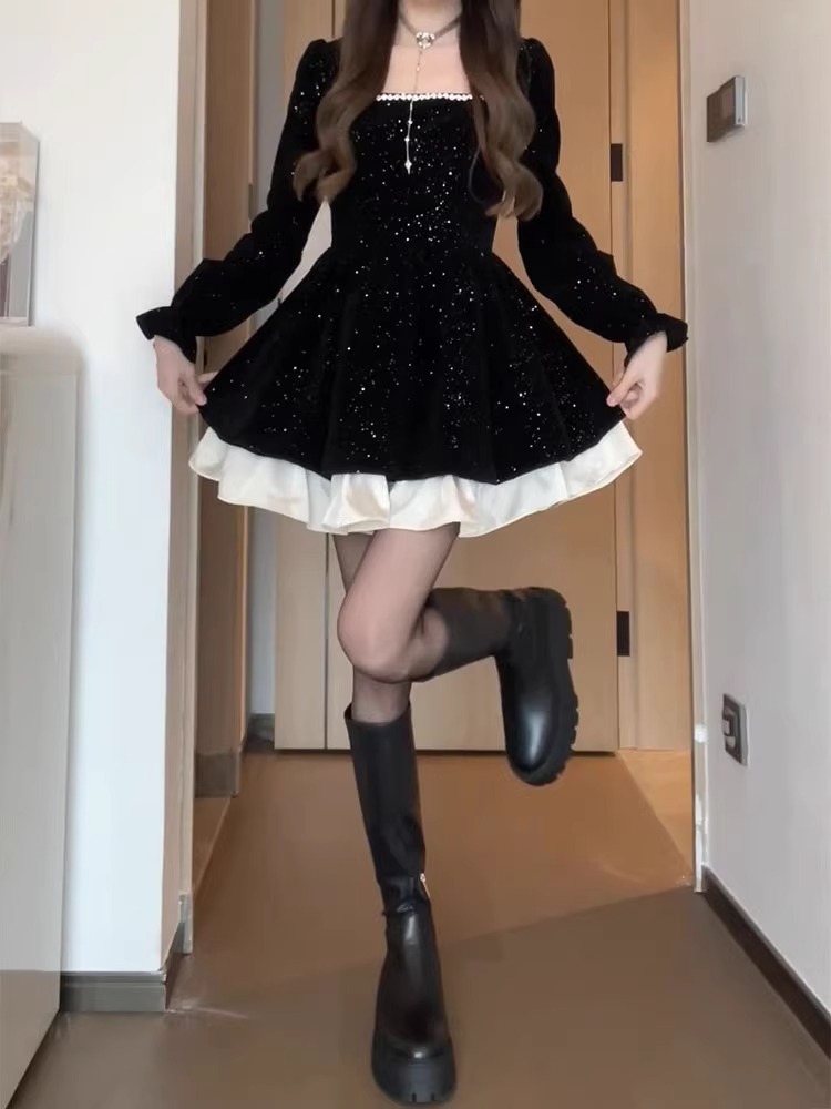 法式復古氣質布靈聖誕方領連衣裙女秋冬高級感甜美收腰公主蓬蓬裙
