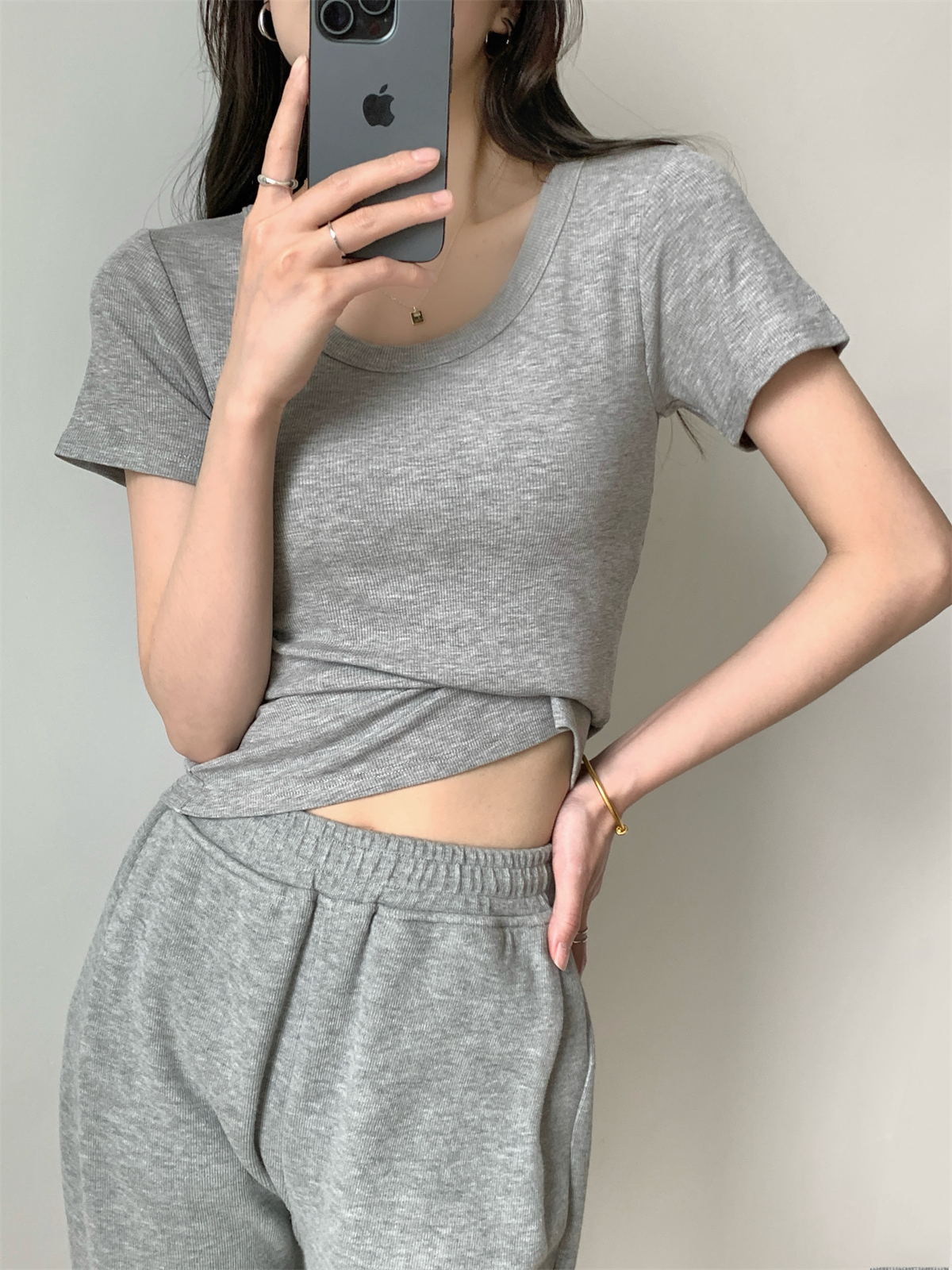 實拍 春夏韓版u領修身純色百搭帶胸墊純棉短袖女T恤上衣